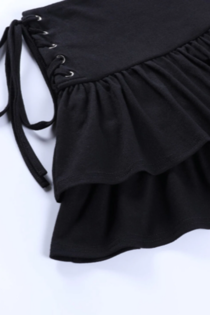 Black Short Skirt, High Waist with Lace Tie Side Detail  Skirt