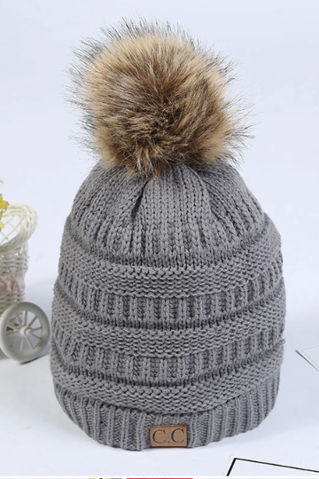 Pom Pom Knit Beanie, Faux Fur Bobble Hat, Women's Winter Hat, Available in Black, Grey, Red & Purple