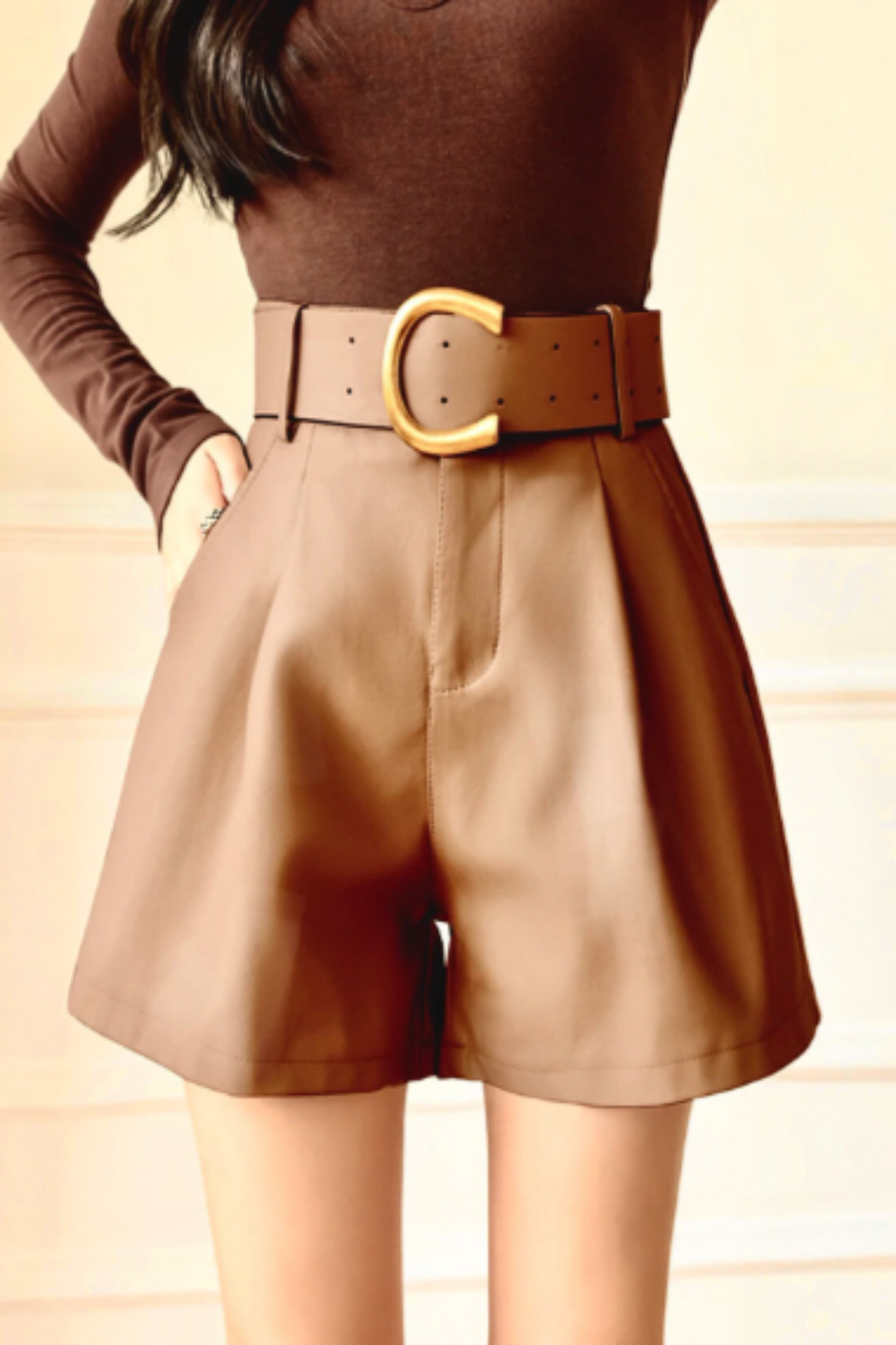 High Waist Faux Leather Shorts, Hot Pants, Shorts with Pockets, Leather Look Tan Shorts