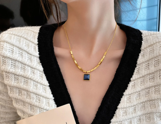 Gold Necklace, Blue Stone Geometric Pendant, Adjustable Chain