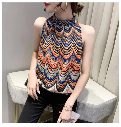 Classy Striped Colorful Sleeveless Top, Halter-neck Blouse, Summer Top