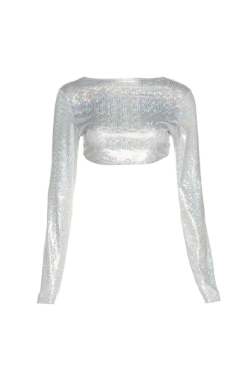 Metallic Silver Backless Long Sleeve Crop Top, Backless Cross Strap Top