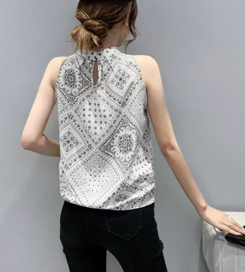 Pretty Block Print Sleeveless Top, Black or White, Summer Top, Bandana Print Halter-neck Blouse