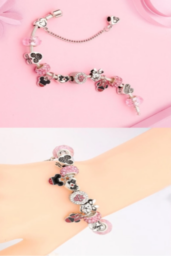 Charm Mickey Bracelet, Silver Finish, Girls, Women Multi Charm Rhinestone Crystal Bracelet. Beautiful Gift (Size: 18cm) (48 Hour Dispatch)