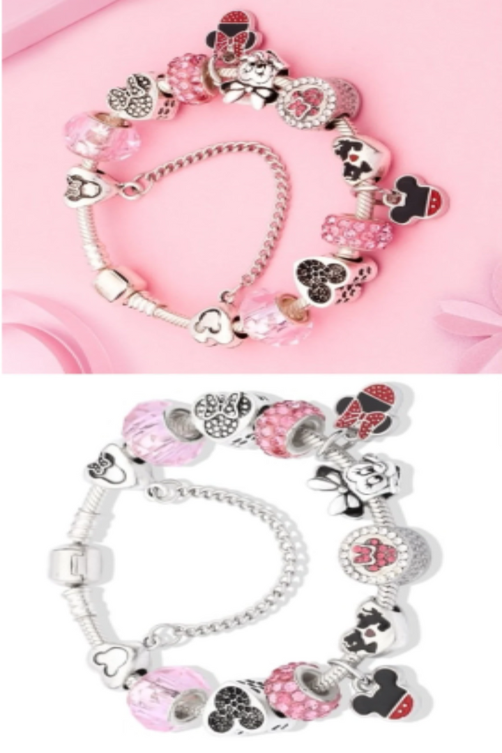 Charm Mickey Bracelet, Silver Finish, Girls, Women Multi Charm Rhinestone Crystal Bracelet. Beautiful Gift (Size: 18cm) (48 Hour Dispatch)