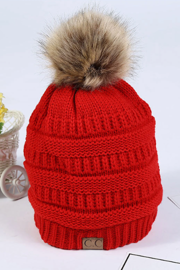 Pom Pom Knit Beanie, Faux Fur Bobble Hat, Women's Winter Hat, Available in Black, Grey, Red & Purple