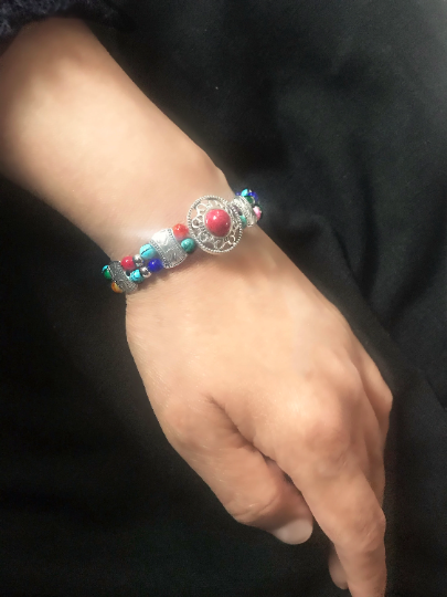 Stunning Boho Bracelets, Turquoise Beads, Multi-colored Beads, Silver Finish, Boho, Retro Hippie Bracelets