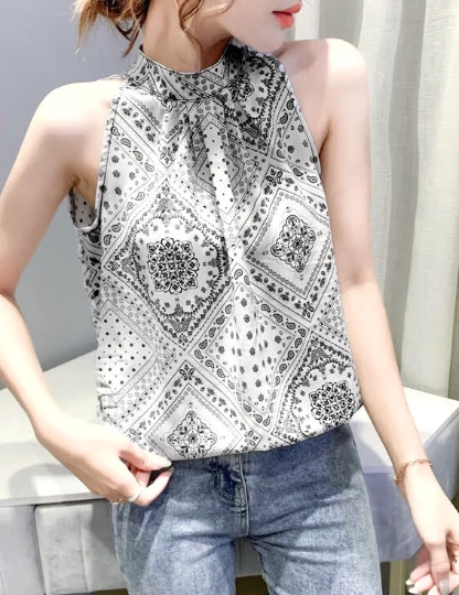 Pretty Block Print Sleeveless Top, Black or White, Summer Top, Bandana Print Halter-neck Blouse