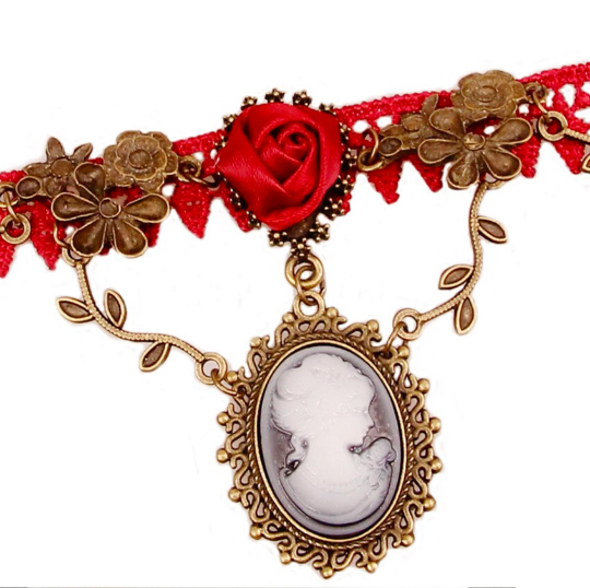 Red Lace Cameo Choker Necklace jewelry, Women Gothic Victorian Red Lace, Gold, Pendant Ladies Jewellery Collar Steampunk, Fashion Cameo