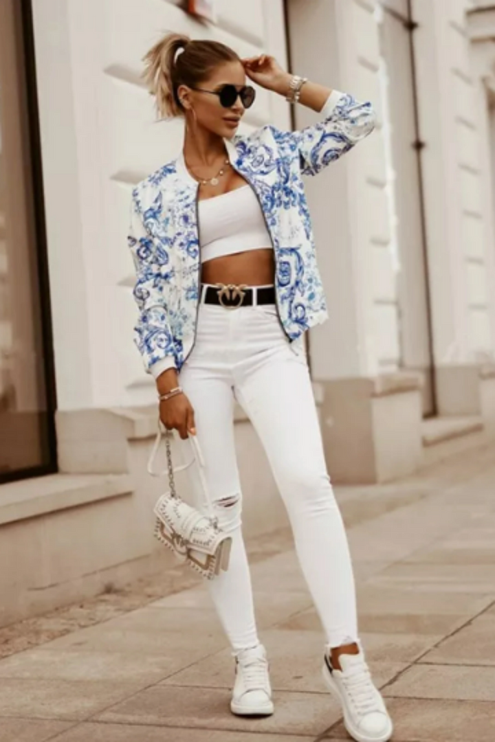 White Floral Print Bomber Jacket, Zip-Up Baseball Collar Jacket, Multicolor Jacket, Available in Black & Blue Design