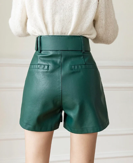 High Waist Faux Leather Shorts, Hot Pants, Shorts with Pockets, Leather Look Tan Shorts