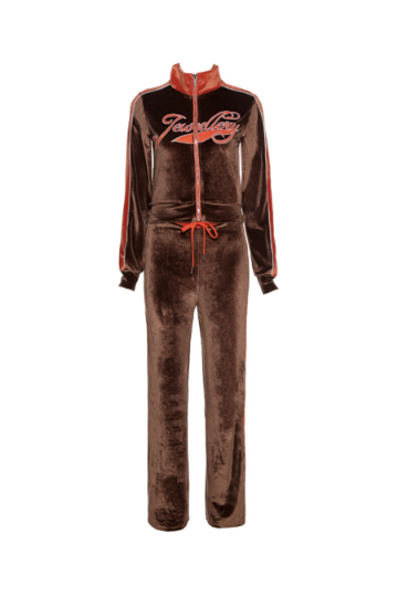 Y2K Velour Graphic Design Tracksuit Set, Available in the Colors Caramel Brown & Pink