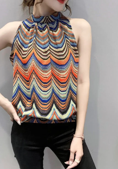 Classy Striped Colorful Sleeveless Top, Halter-neck Blouse, Summer Top