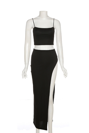 Black Spaghetti Strap Square Neck Crop Top, Maxi Skirt Slit Hem, Black Two Piece Co ord Set