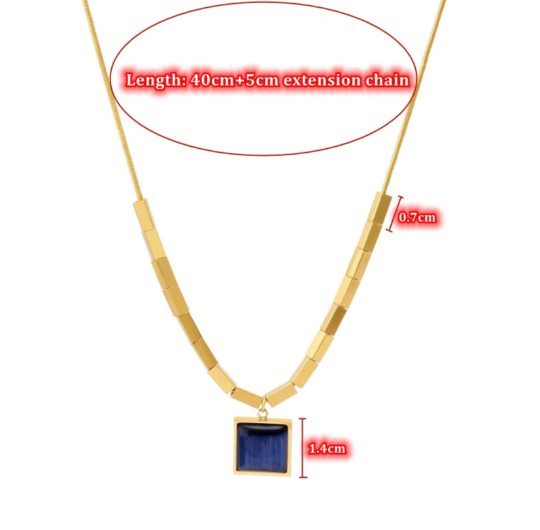 Gold Necklace, Blue Stone Geometric Pendant, Adjustable Chain