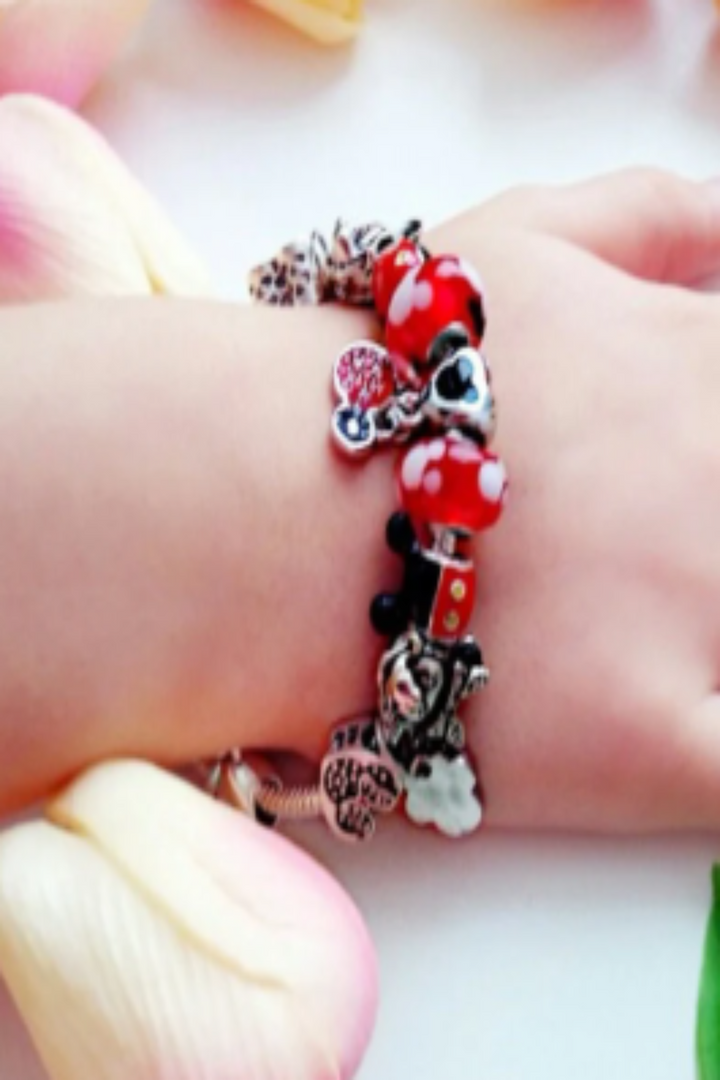 Charm Mickey Bracelet, Silver Finish, Girls, Women Multi Charm Rhinestone Crystal Bracelet. Beautiful Gift (Size: 18cm) (48 Hour Dispatch)