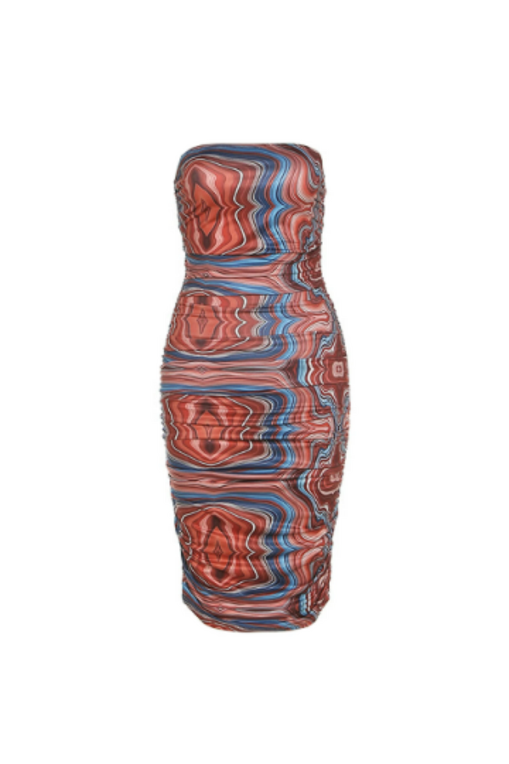 Swirly Abstract Print Bandeau Midi Dress, Orange & Blue Strapless Bodycon Dress