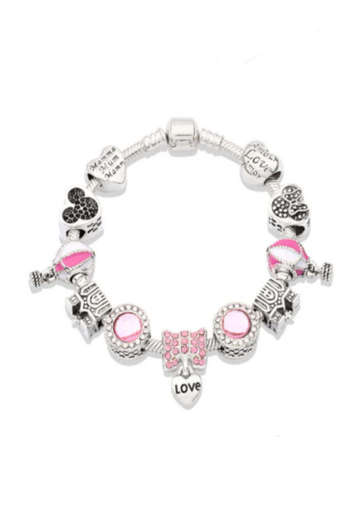 Charm Mickey Bracelet, Silver Finish, Girls, Women Multi Charm Rhinestone Crystal Bracelet. Beautiful Gift, (Size- 18cm) (48 Hour Dispatch)