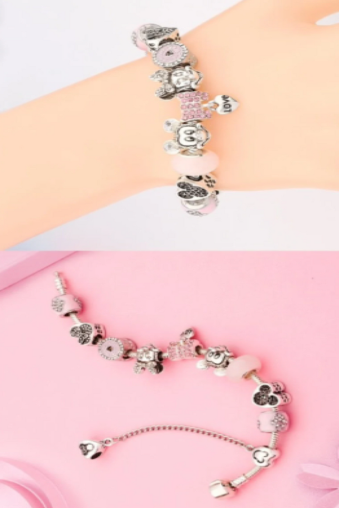 Charm Mickey Bracelet, Silver Finish, Girls, Women Multi Charm Rhinestone Crystal Bracelet. Beautiful Gift, [Size- 18cm] (48 Hour Dispatch)