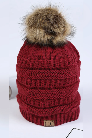 Pom Pom Knit Beanie, Faux Fur Bobble Hat, Women's Winter Hat, Available in Black, Grey, Red & Purple