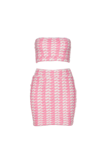 Pink & White Tweed Co ord Set, Bandeau Tube Crop Top, Bodycon Mini Skirt, Two Piece Set