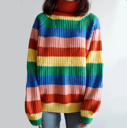 Jumper, Long Sleeve, Striped, Rainbow Striped Top, Turtleneck, Knitted Sweater, Pullover