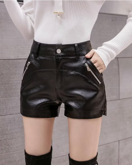 Black High Waist Faux Leather Shorts, Hot Pants