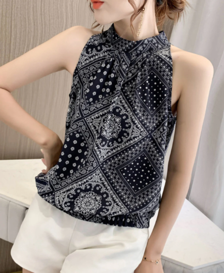 Pretty Block Print Sleeveless Top, Black or White, Summer Top, Bandana Print Halter-neck Blouse