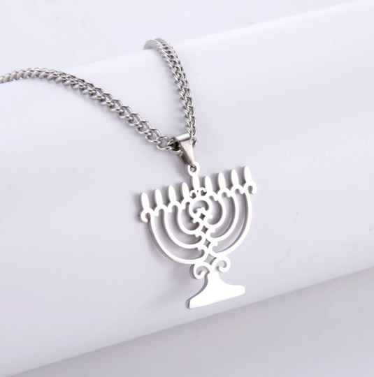 Hanukkah Candles, Hanukkah Menorah Lamp Stand, Religious Pendant Necklace in Silver, Hanukkah Candelabra Necklace