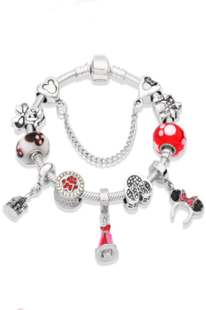 Charm Mickey Bracelet. Silver Finish, Girls, Women Multi Charm Rhinestone Crystal Bracelet. Beautiful Gift, Size: 18cm (48 Hour Dispatch)