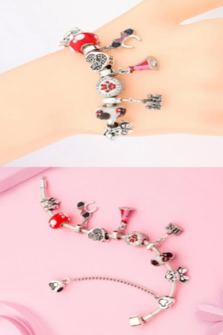 Charm Mickey Bracelet. Silver Finish, Girls, Women Multi Charm Rhinestone Crystal Bracelet. Beautiful Gift, Size: 18cm (48 Hour Dispatch)