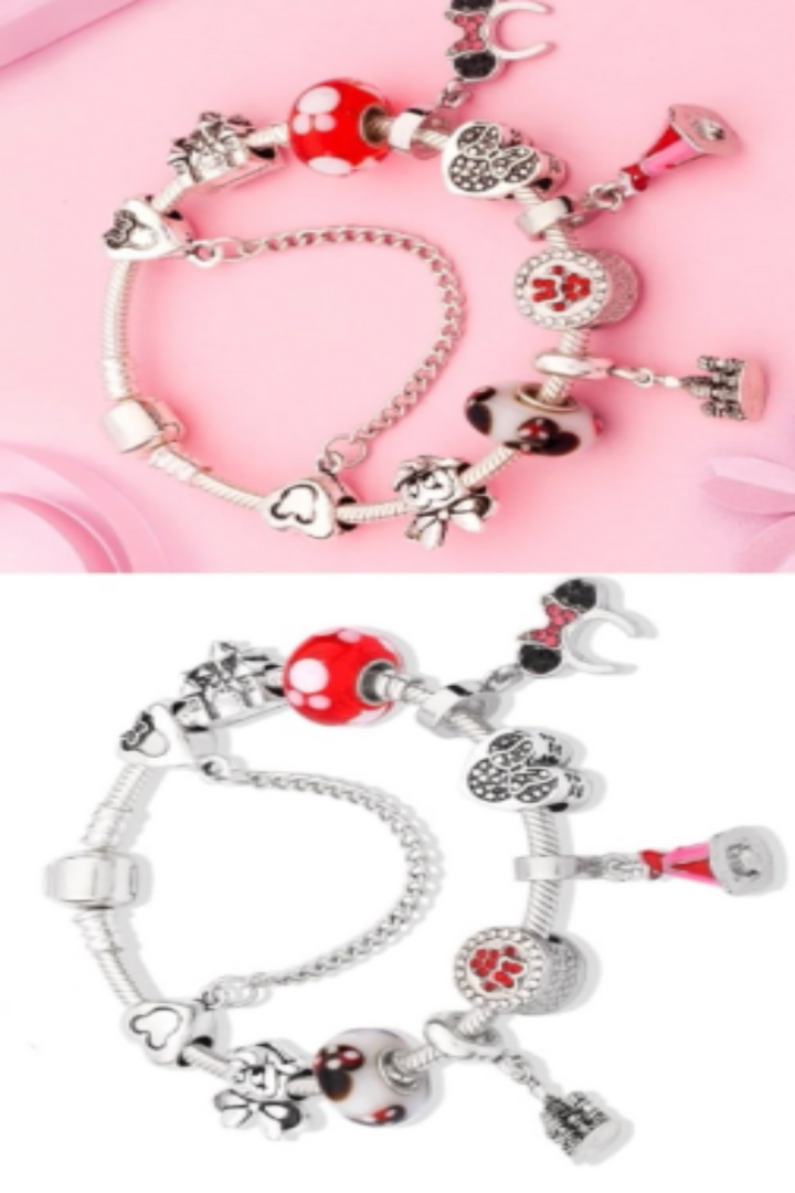 Charm Mickey Bracelet. Silver Finish, Girls, Women Multi Charm Rhinestone Crystal Bracelet. Beautiful Gift, Size: 18cm (48 Hour Dispatch)