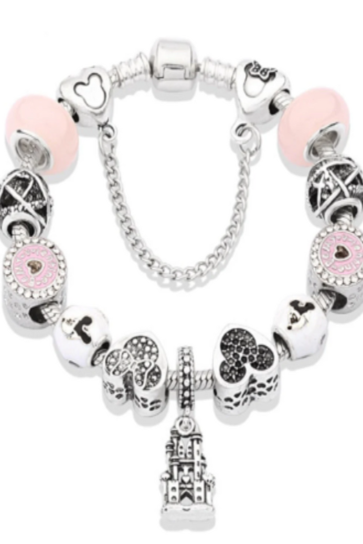 Charm Mickey Bracelet, Silver Finish, Girls, Women Multi-Charm Rhinestone Crystal Bracelet. Beautiful Gift, Size: 18cm (48 Hour Dispatch)