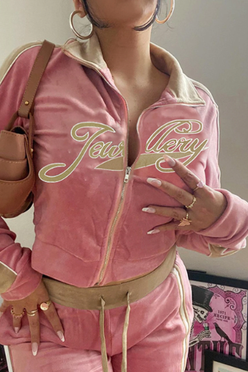 Y2K Velour Graphic Design Tracksuit Set, Available in the Colors Caramel Brown & Pink