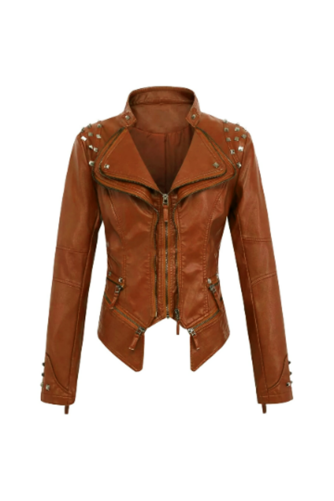 Y2K White Faux Leather Moto Jacket, Metal Studded Biker Jacket, Zip Front PU Leather Jacket