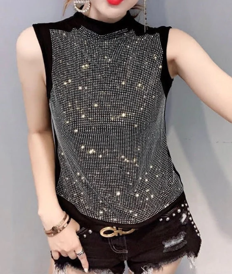 Black Top, sparkling rhinestone crystals, Black Sleeveless Top, Comfortable Stretch Fabric