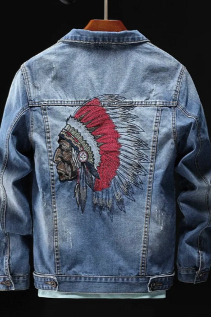 Men's Denim Jacket Indian Chief Embroidery Retro Hip Hop Punk Bohemian with back detail [SIZE: Size M for Baggy Fit; Size L for Comfy Fit]