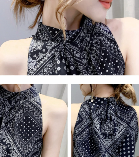 Pretty Block Print Sleeveless Top, Black or White, Summer Top, Bandana Print Halter-neck Blouse