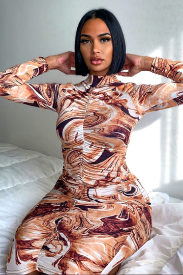 Brown Marble Print Ruched Mesh Midi Dress, Long Sleeve High Neck Bodycon Dress