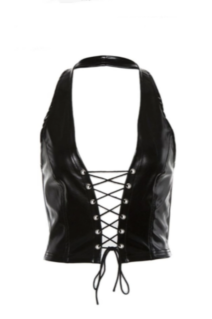 Black Patent Vegan Leather PU Cut Out Front Lace Up Halter Crop Top