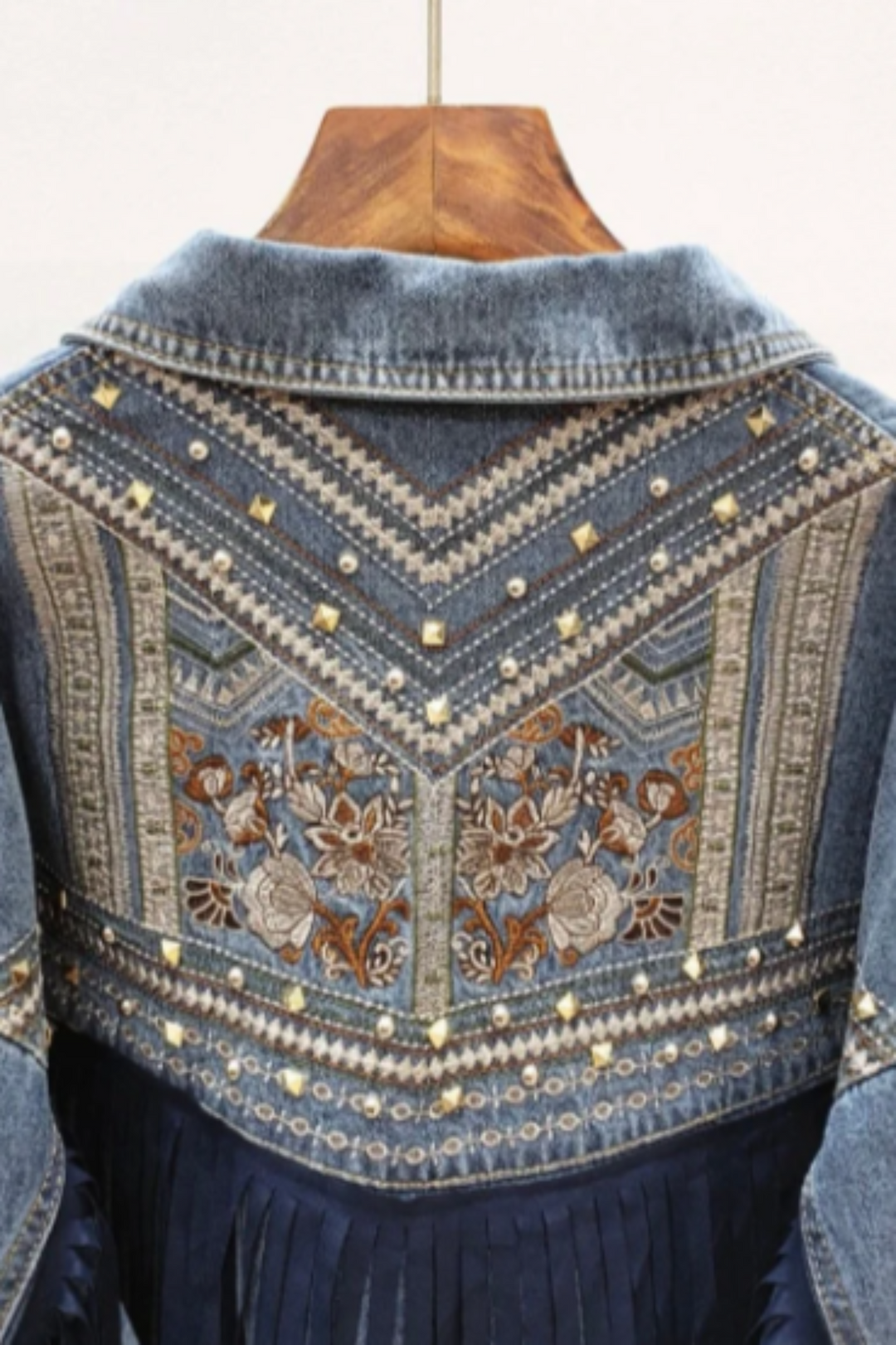 Y2K Oversized Embroidered & Embellished Studded Blue Wash Denim Jacket, Faux Leather Suede Tassel Detail