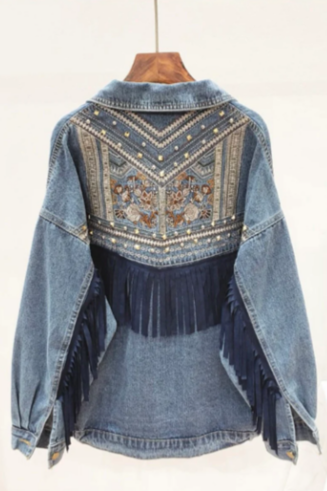 Y2K Oversized Embroidered & Embellished Studded Blue Wash Denim Jacket, Faux Leather Suede Tassel Detail