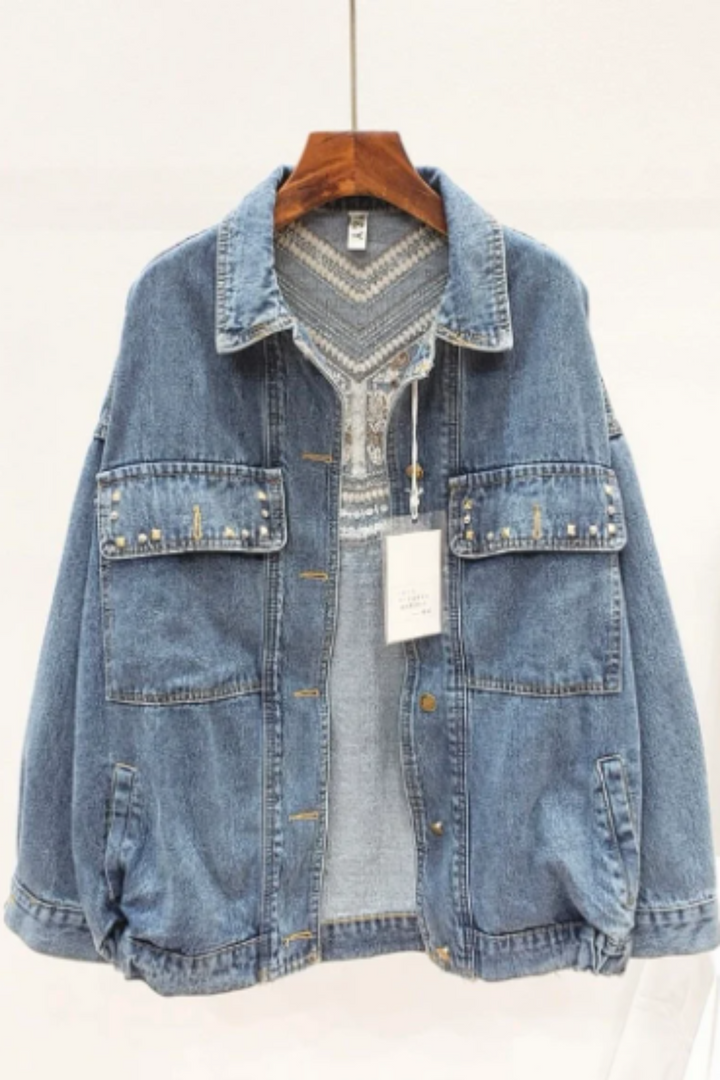 Y2K Oversized Embroidered & Embellished Studded Blue Wash Denim Jacket, Faux Leather Suede Tassel Detail