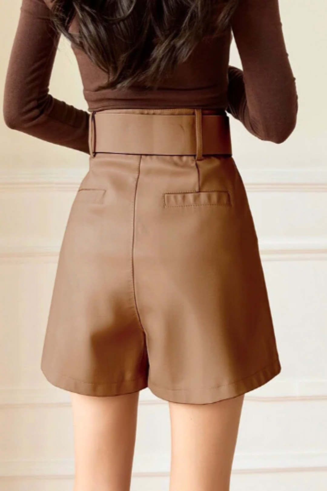 High Waist Faux Leather Shorts, Hot Pants, Shorts with Pockets, Leather Look Tan Shorts