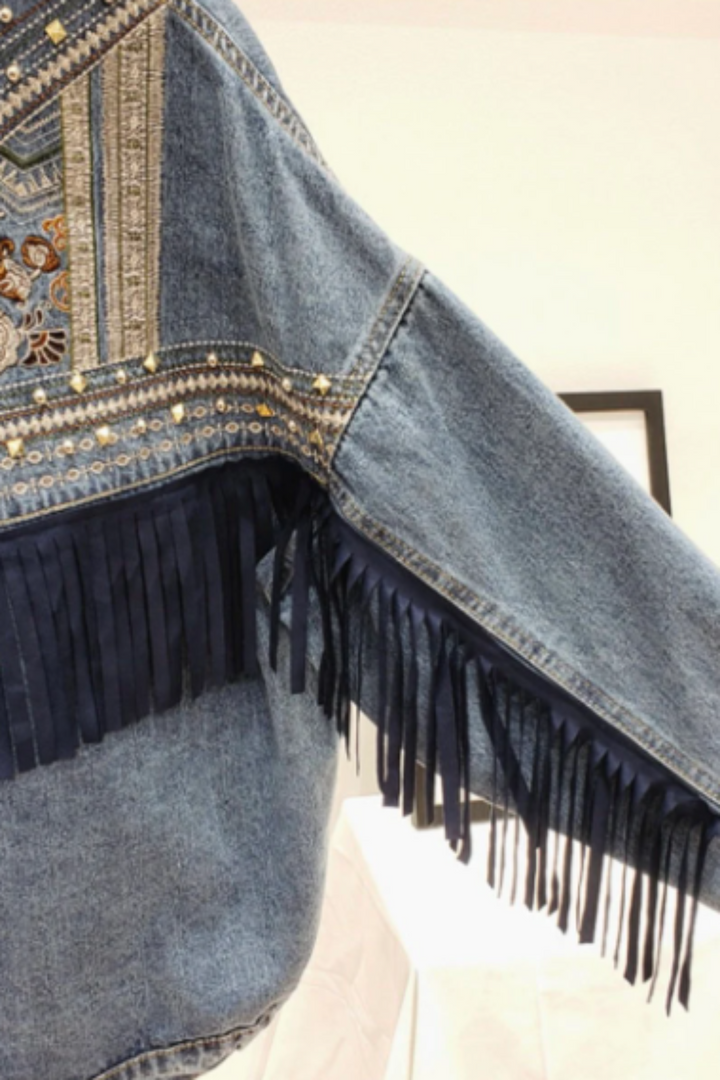 Y2K Oversized Embroidered & Embellished Studded Blue Wash Denim Jacket, Faux Leather Suede Tassel Detail