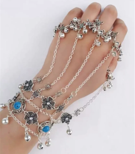 Bohemian 5 Ring Hand Bracelet with Blue Beads and Bells, Gipsy, Ethnic Style