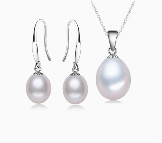 Natural Pearl Necklace and Earrings Set, 925 Silver, Classy Pearl Necklace, Pearl Drop Earrings, Pearl, Necklace