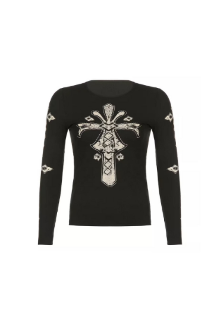 Black Gothic Crucifix Graphic Print Long Sleeve Tee, Crucifix Cross Metallic White Graphic Design