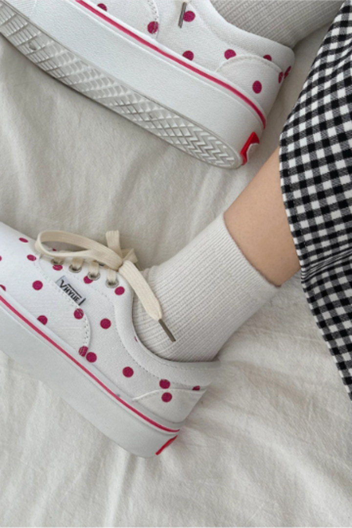 White Sneakers, Red Polka Dot Design, Canvas Shoes, Lace Up Shoes