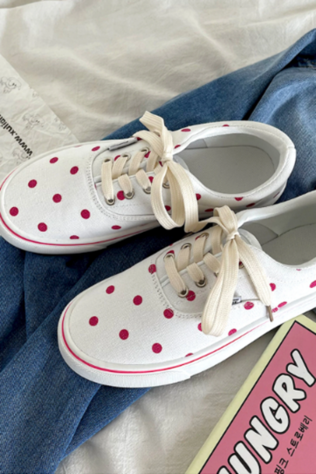 White Sneakers, Red Polka Dot Design, Canvas Shoes, Lace Up Shoes